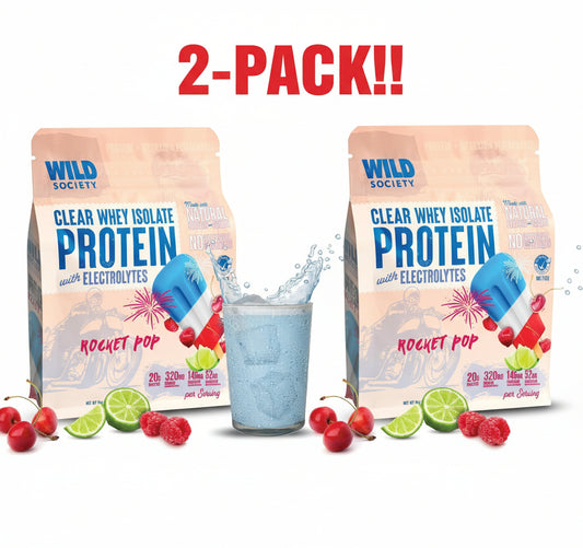 Two packages of Wild Society Clear Whey Isolate Protein with a glass of blue powder and fruit on a white background.