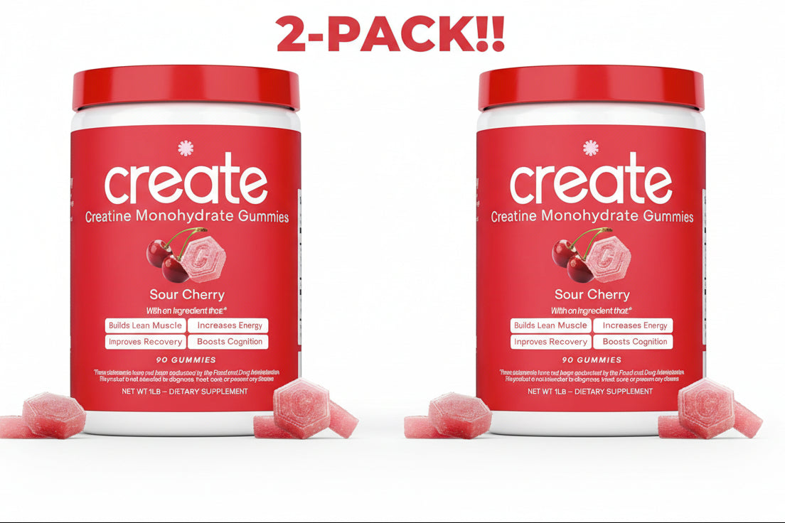 Two containers of 'create' Creatine Monohydrate Gummies with sour cherry flavor on a white background.