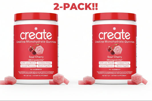 Two containers of 'create' Creatine Monohydrate Gummies with sour cherry flavor on a white background.