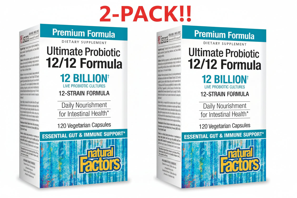 Two boxes of Natural Factors Ultimate Probiotic 12/12 Formula on a white background with '2-Pack!' text above.