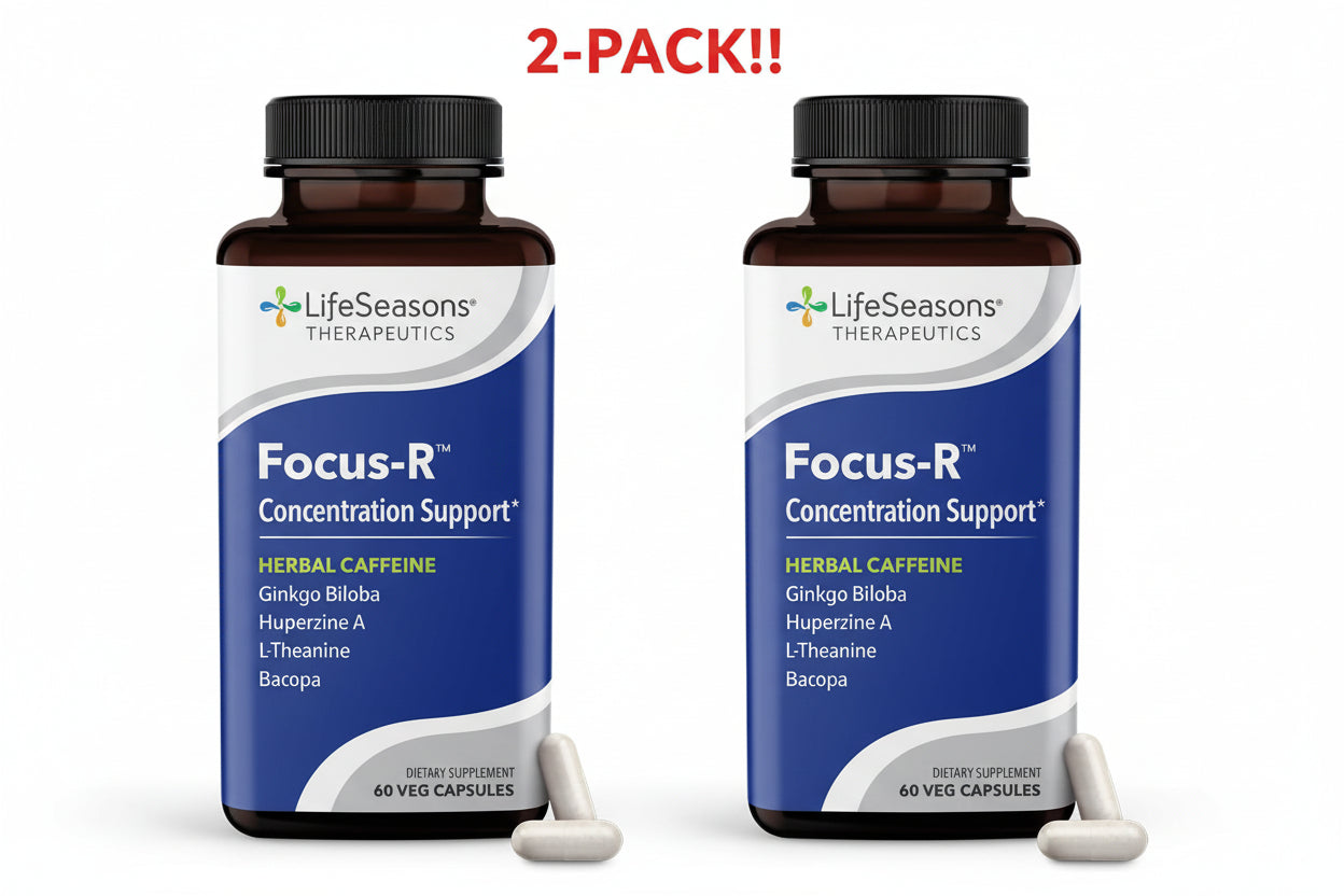 Two bottles of LifeSeasons Therapeutics Focus-R Concentration Support on a white background