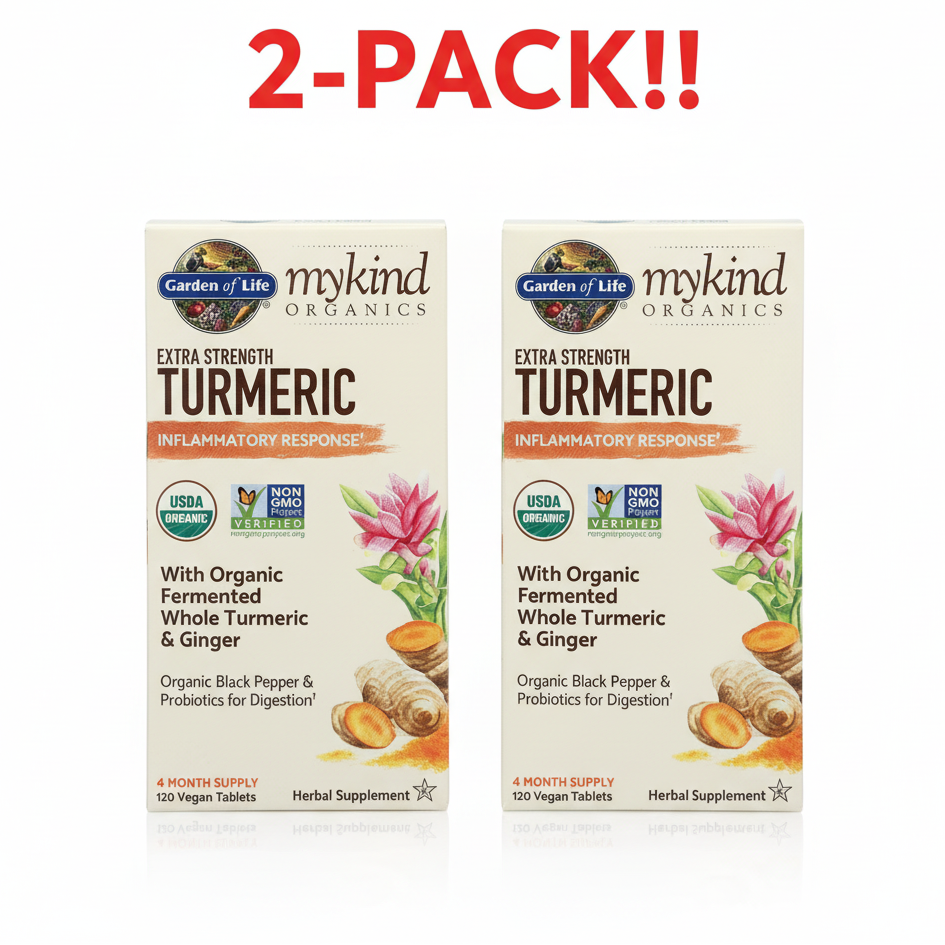 Two boxes of Garden of Life mykind Organics Extra Strength Turmeric supplement on a white background.