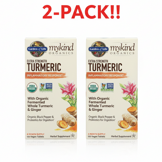Two boxes of Garden of Life mykind Organics Extra Strength Turmeric supplement on a white background.