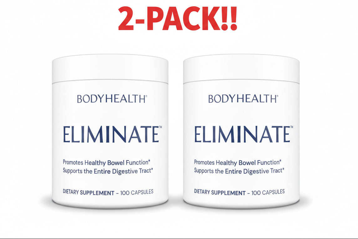 Two containers of 'BODYHEALTH ELIMINATE' dietary supplements on a white background with red text indicating a 2-pack offer.