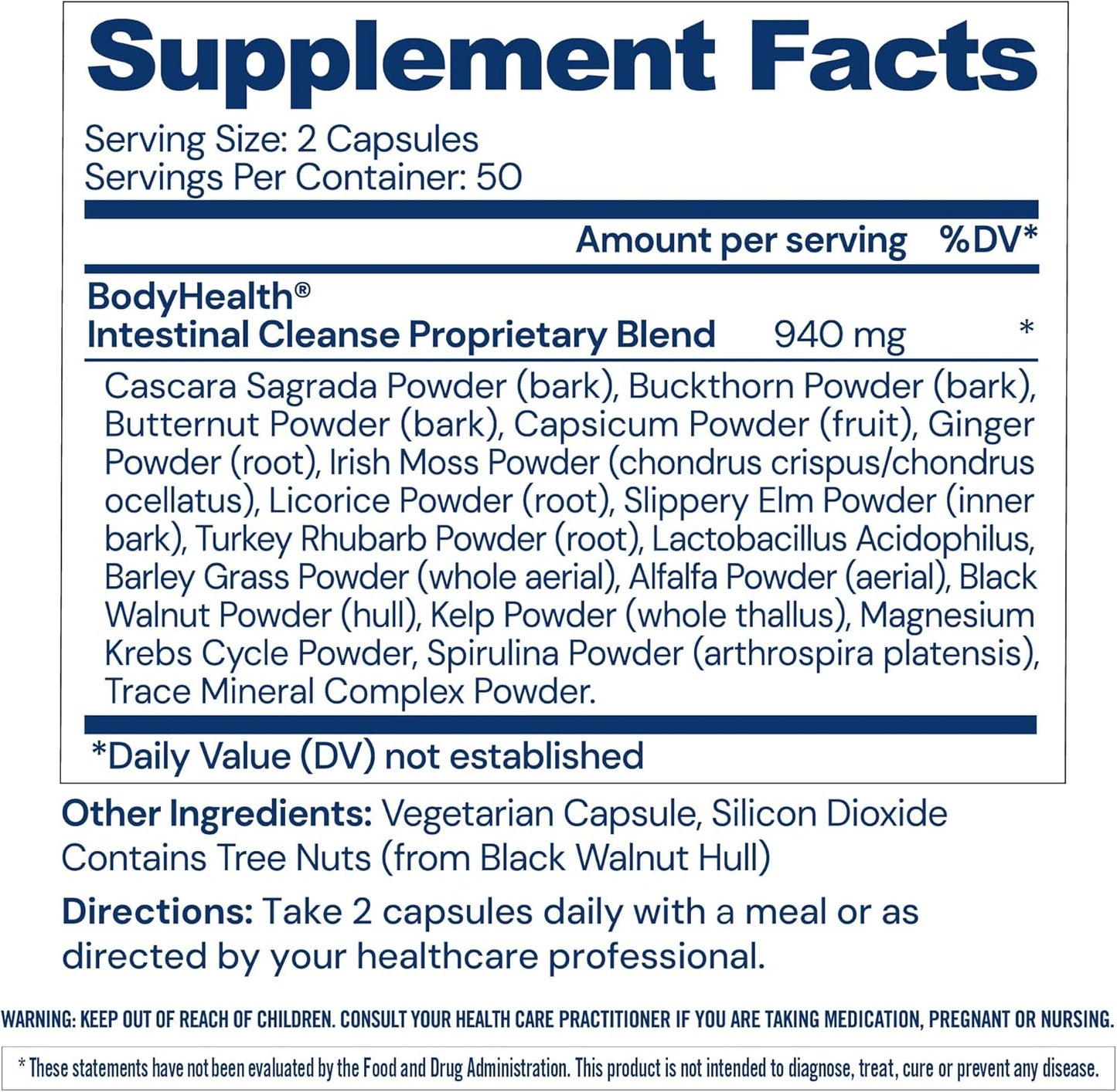Supplement facts label for BodyHealth Intestinal Cleanse Proprietary Blend with ingredients listed.