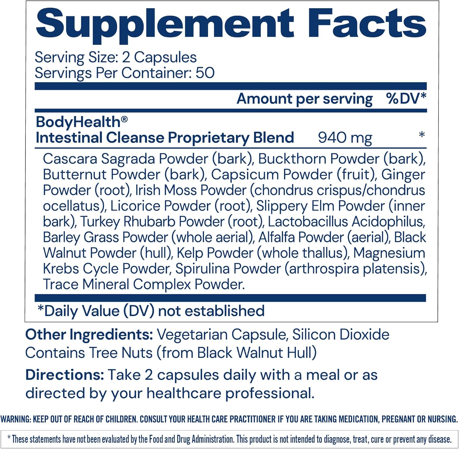 Supplement facts label for BodyHealth Intestinal Cleanse Proprietary Blend with ingredients listed.