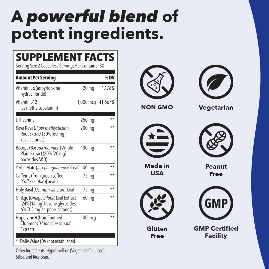 Supplement label with ingredients, supplement facts, and certification logos on a white background.