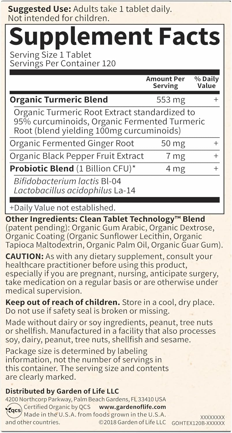 Supplement facts label for a Turmeric Blend supplement with detailed ingredient list and usage instructions.