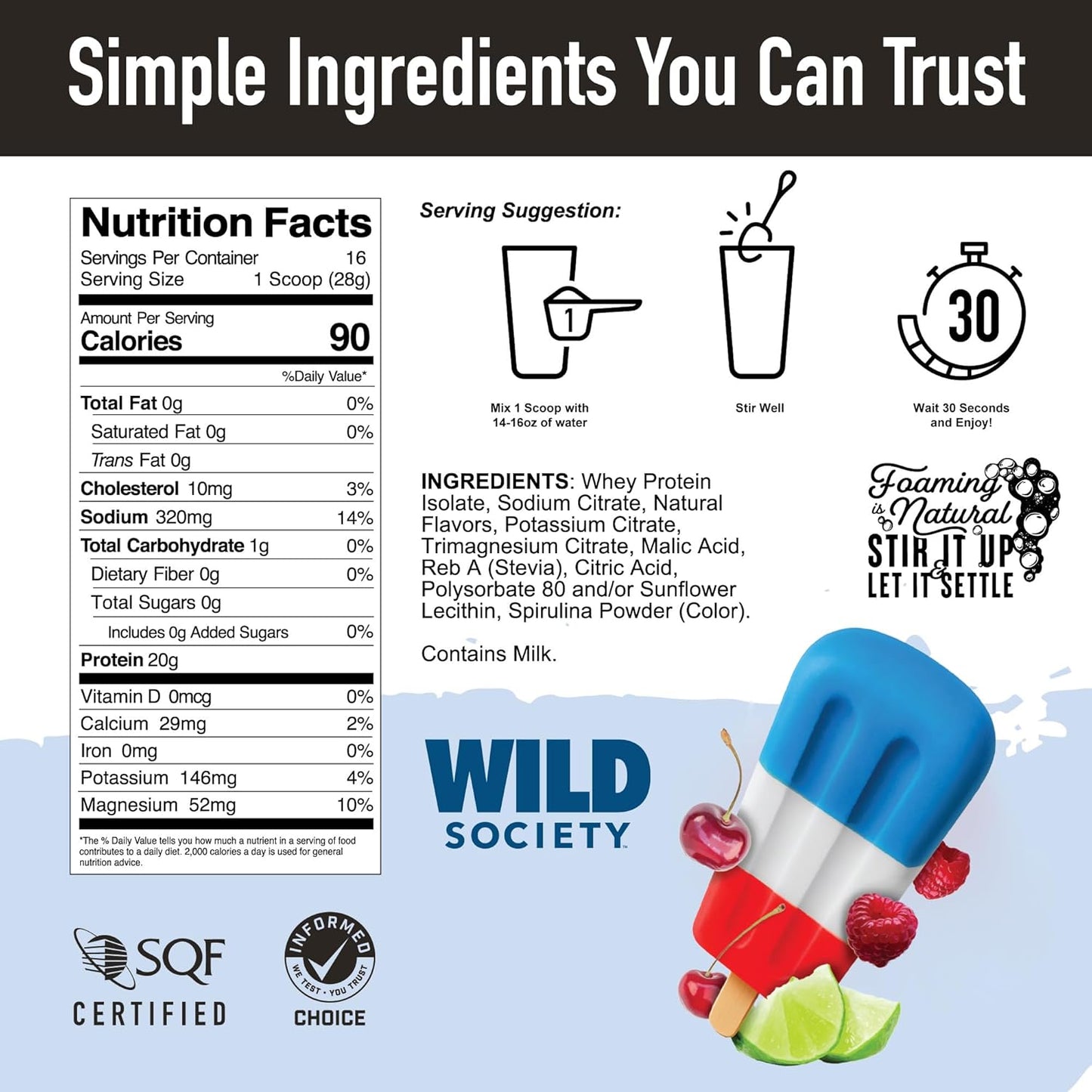 Nutrition label and packaging of Wild Society protein product with cherry and lime flavor.