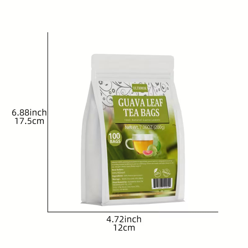 Pack of guava leaf tea bags with dimensions indicated on a white background
