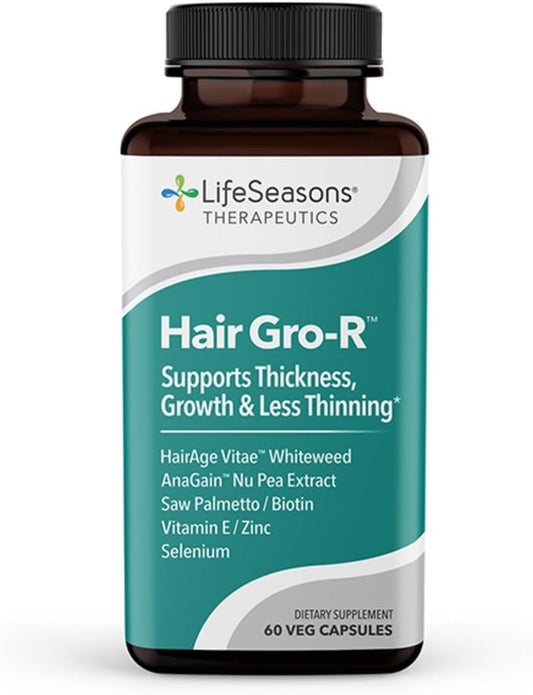 LifeSeasons Therapeutics Hair Gro-R supplement bottle on a white background