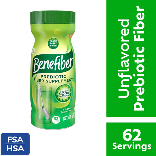 Benefiber prebiotic fiber supplement bottle with green label on a white background