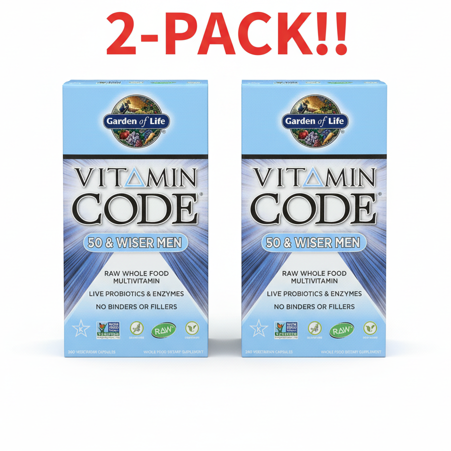 Two boxes of Garden of Life Vitamin Code 50 & Wiser Men multivitamin on a white background with '2-Pack!' text above.