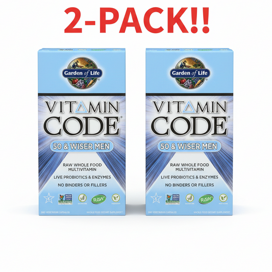 Two boxes of Garden of Life Vitamin Code 50 & Wiser Men multivitamin on a white background with '2-Pack!' text above.