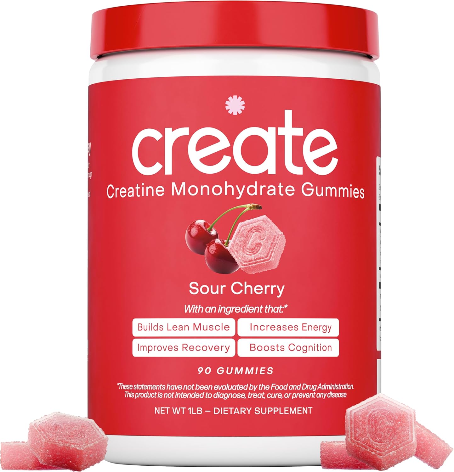 Red container of 'create' Creatine Monohydrate Gummies with sour cherry flavor on a white background.