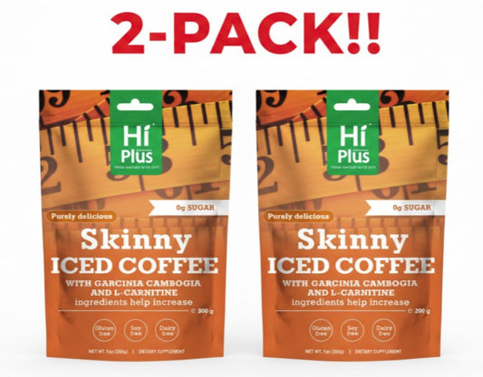 Two packages of Hi Plus Skinny ICED COFFEE with a '2-Pack!!' label above them.