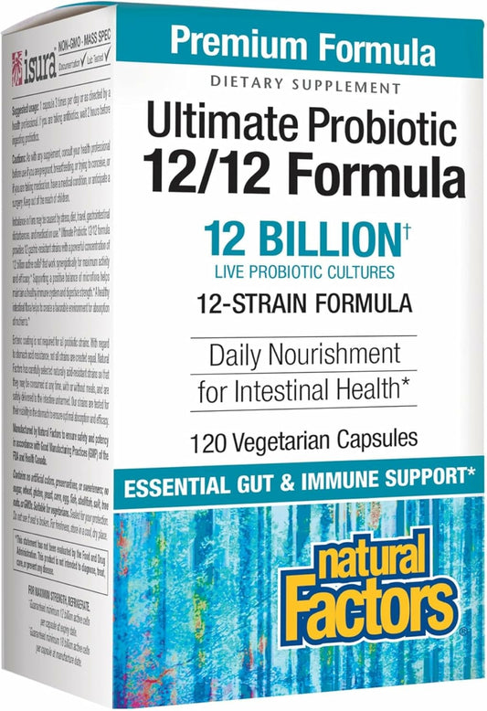 Box of Ultimate Probiotic 12/12 Formula by Natural Factors on a white background