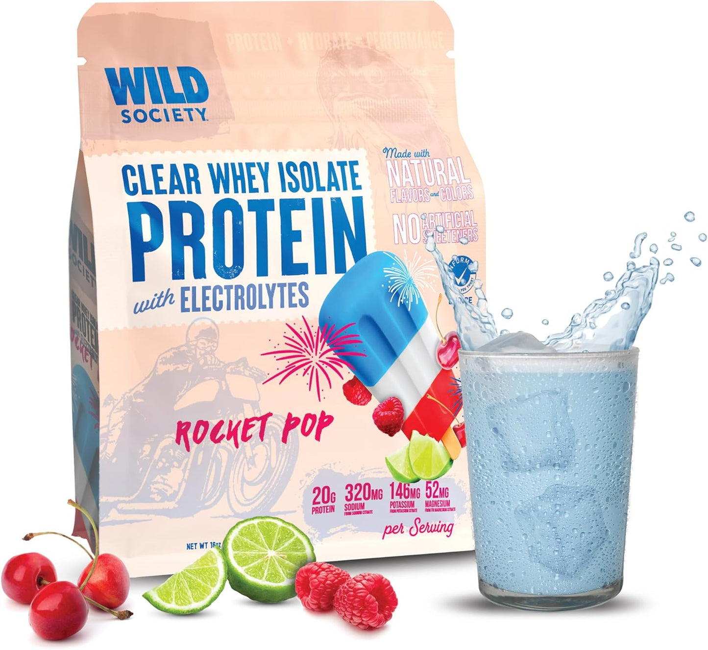 Wild Society Clear Whey Isolate Protein with Electrolytes packaging and a glass of blue protein shake.