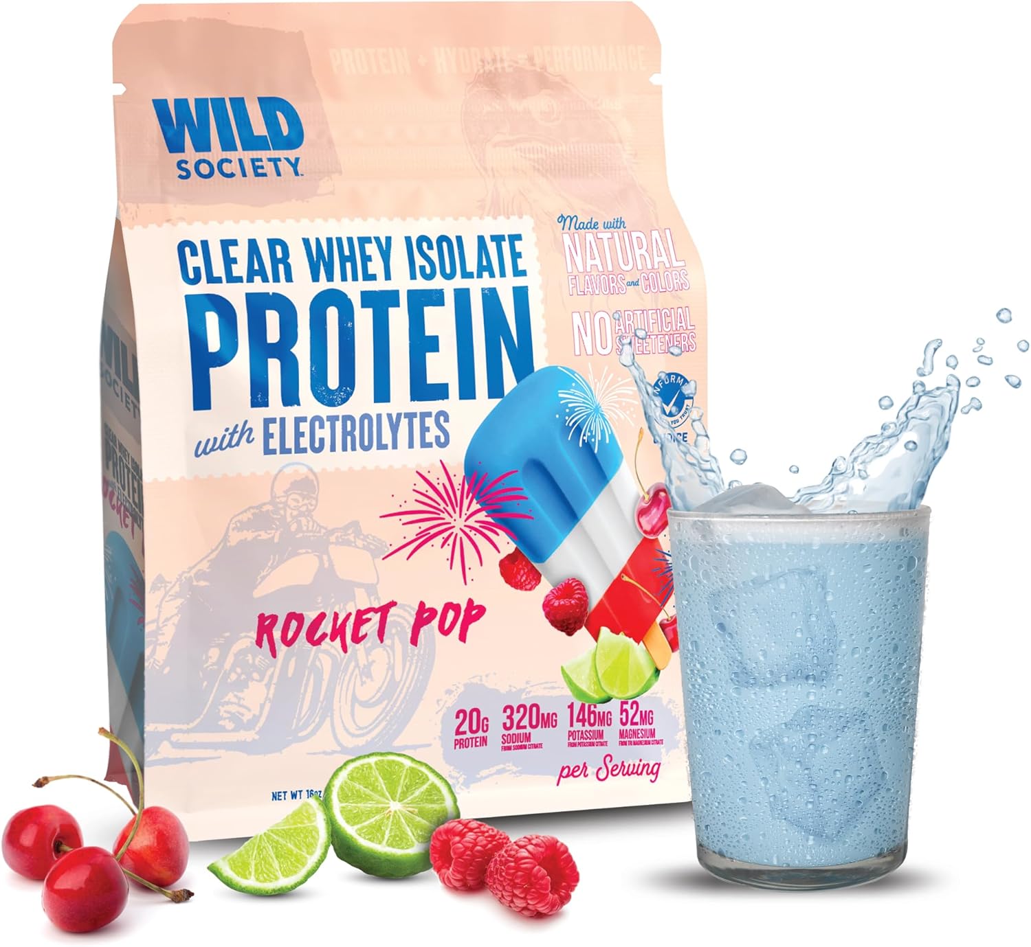Wild Society Clear Whey Isolate Protein with Electrolytes packaging and a glass of blue protein shake.