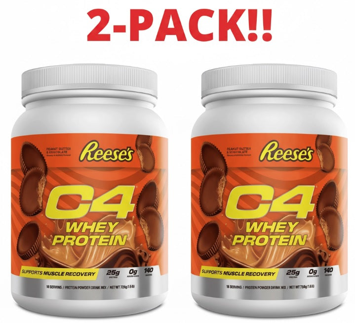 Two containers of Reese's C4 Whey Protein on a white background with '2-Pack!' text above.