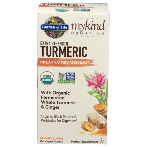 Box of Garden of Life mykind Organics Extra Strength Turmeric supplement on a white background