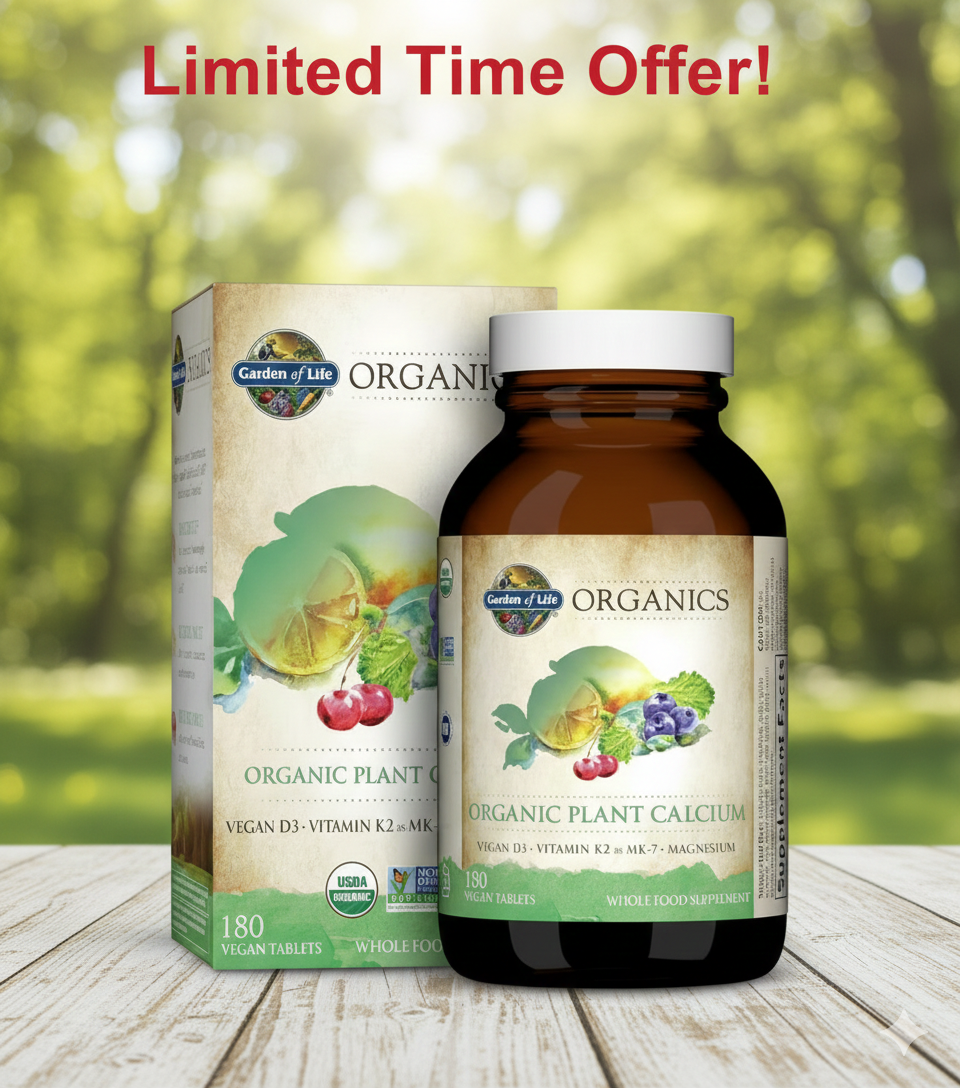 Bottle of Garden of Life Organic Plant Calcium Tablets, 180 Count, displaying the USDA Organic and Vegan seals.