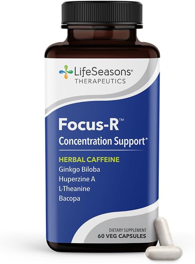 LifeSeasons Therapeutics Focus-R Concentration Support supplement bottle with capsules on a white background