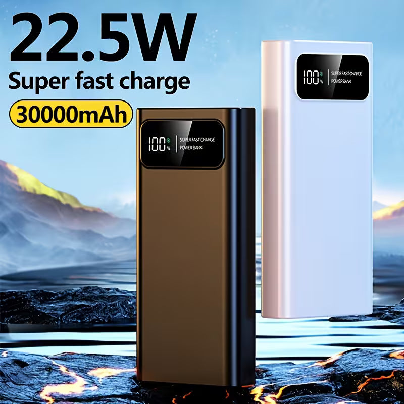 Power bank with 22.5W super fast charge and 30000mAh capacity, displayed against a scenic background.