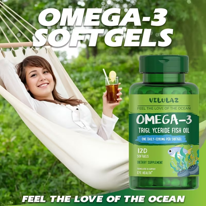 Woman relaxing in a hammock with a bottle of Velula Omega-3 softgels in the foreground.