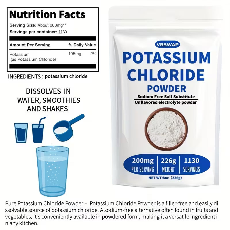 VBSwap Potassium Chloride Powder packaging with nutrition facts and usage instructions.
