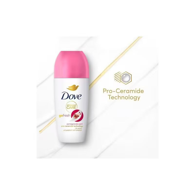 Dove deodorant bottle with pink cap on a white background