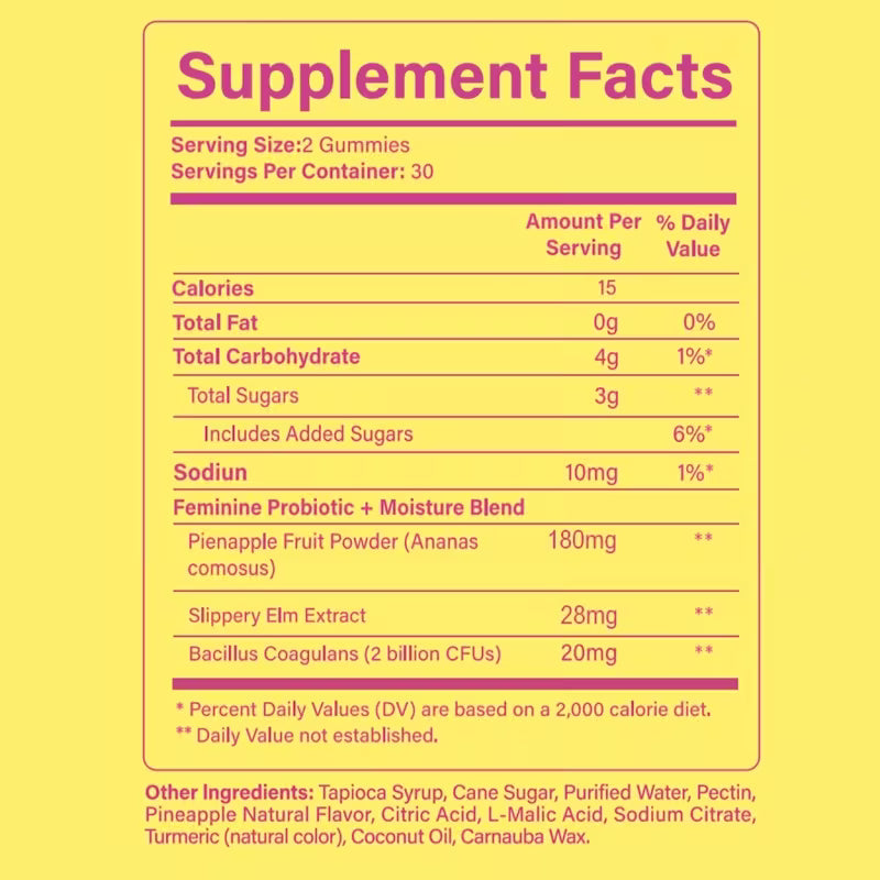 Supplement facts label for gummy vitamins on a yellow background