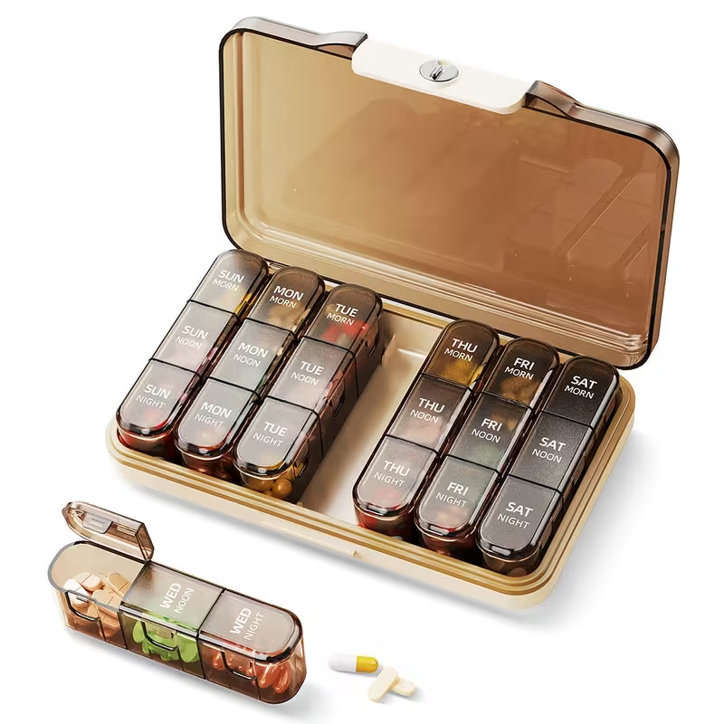Weekly pill organizer with compartments labeled for each day of the week, on a white background.