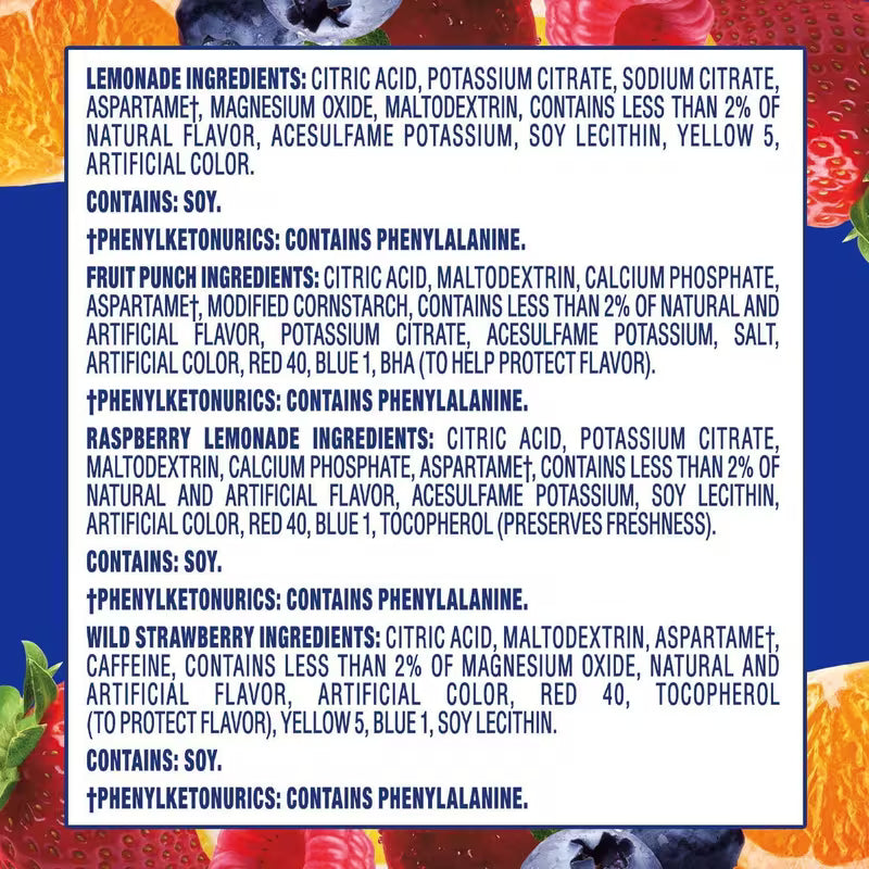 Ingredients list for various fruit-flavored drinks with colorful fruit graphics on a blue background.