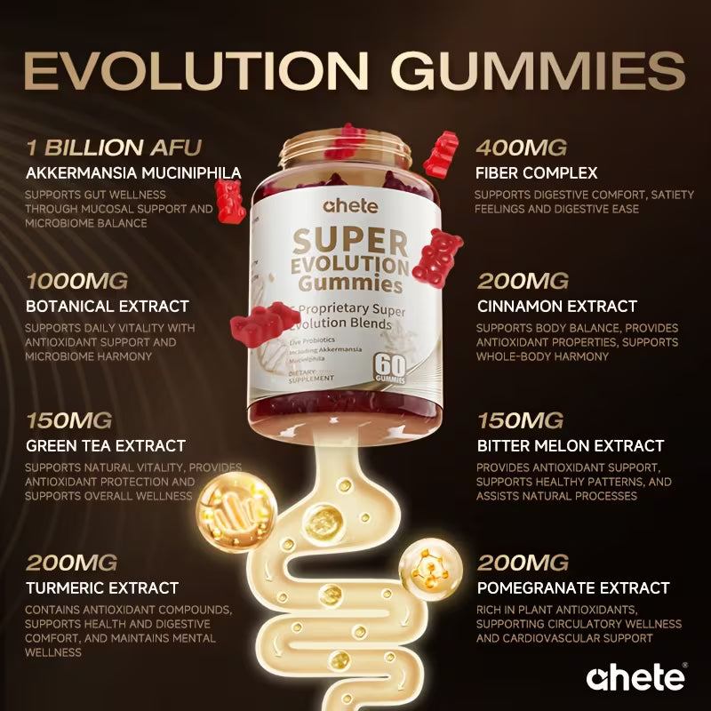 Super Evolution Gummies packaging with health benefits listed on a dark background