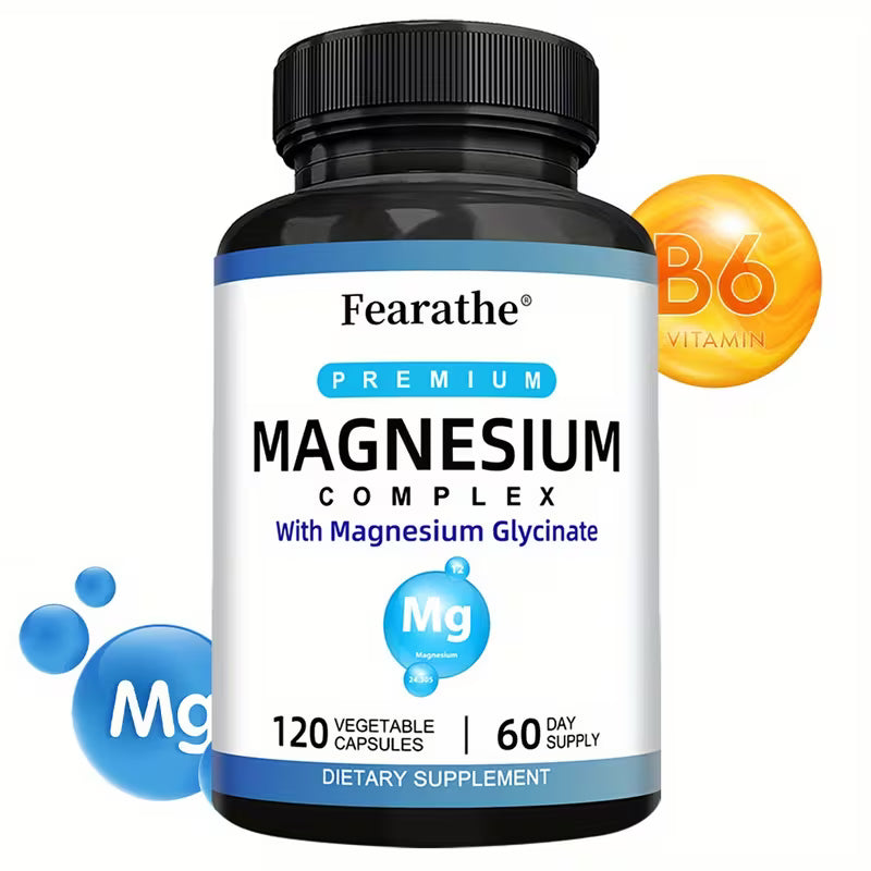 Supplement bottle labeled 'Fearathe Premium Magnesium Complex' on a white background