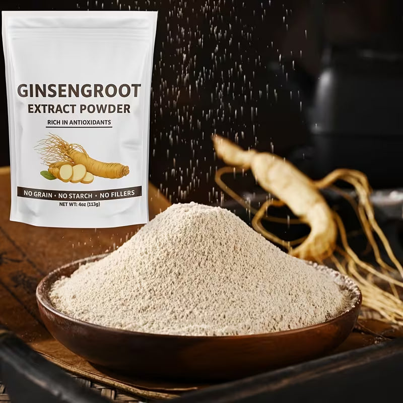Ginsengroot extract powder in a bowl with packaging in the background
