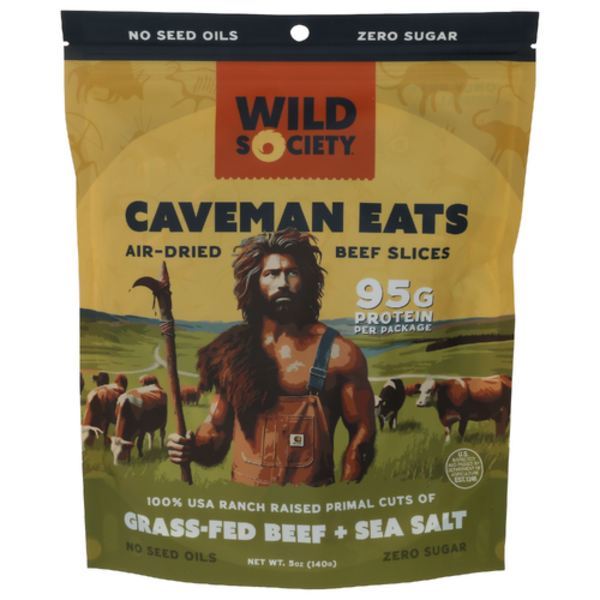 Packaging of Wild Society Caveman Eats beef slices with a caveman illustration on a yellow background.
