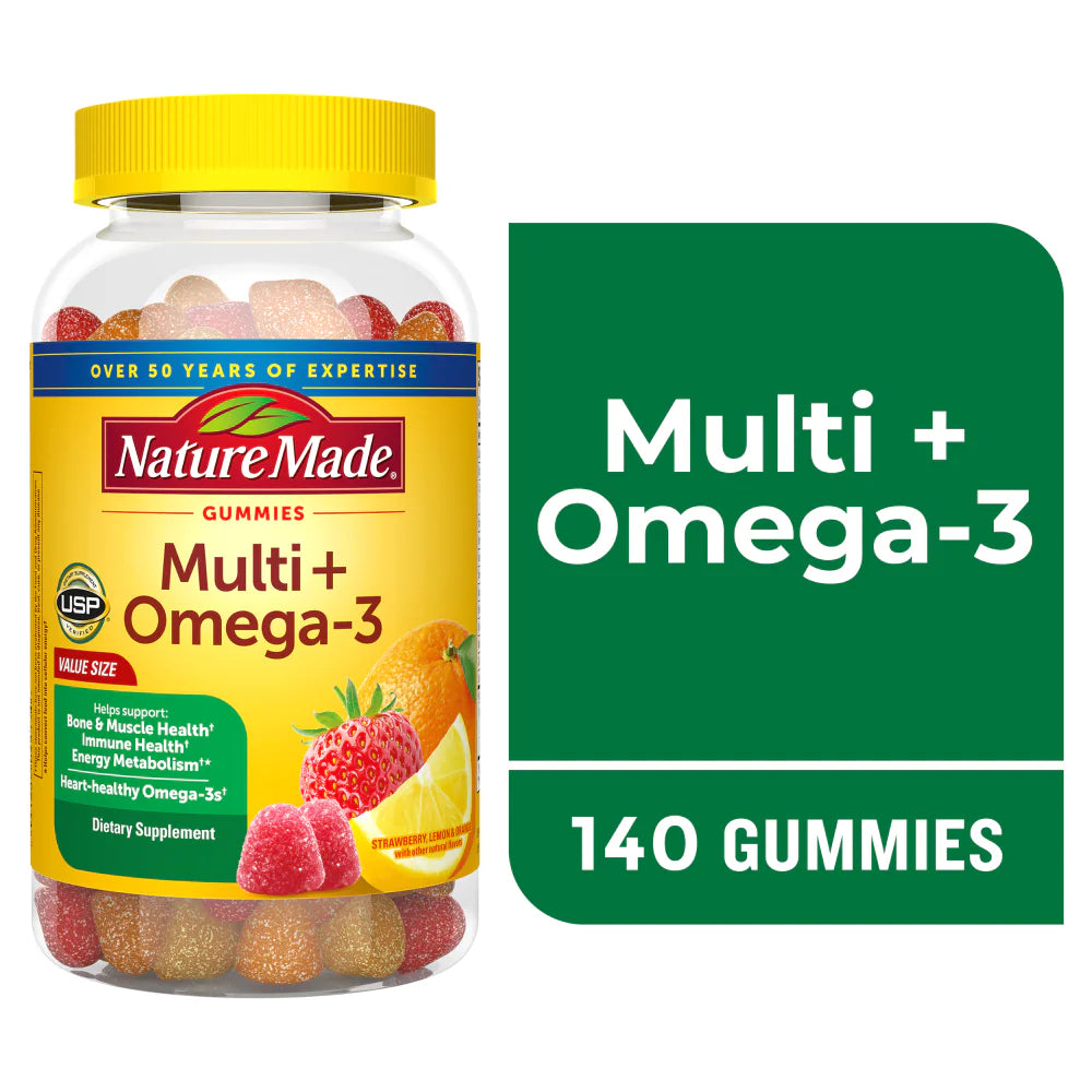 Nature Made Multi + Omega-3 gummies packaging on a white background