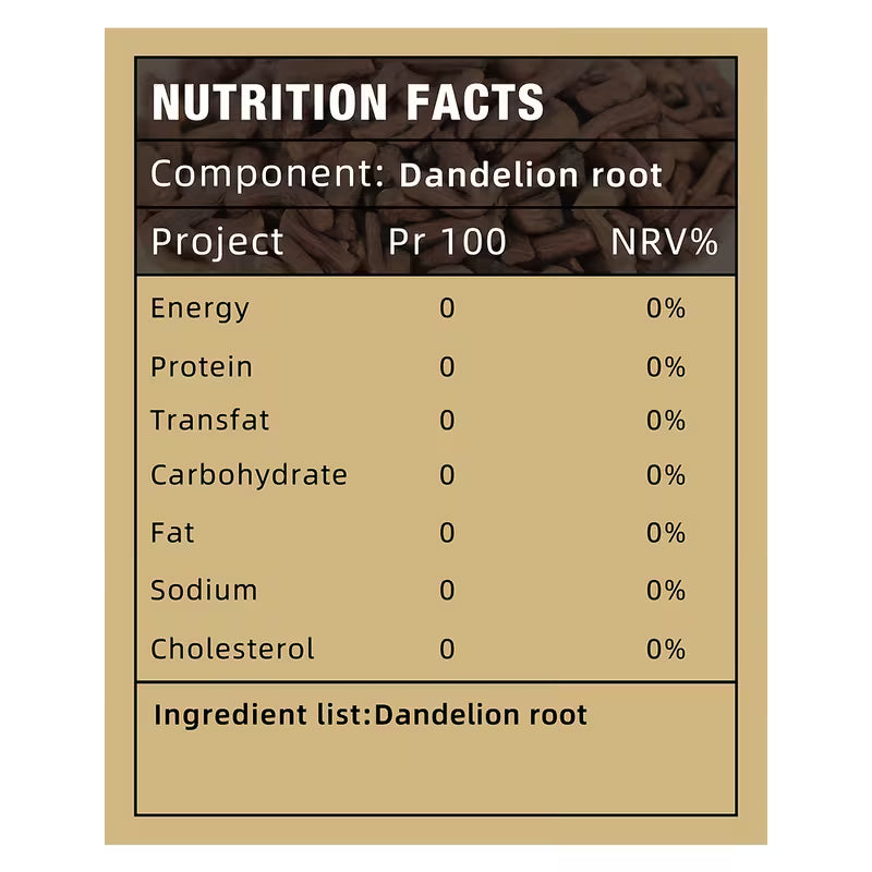 Nutrition facts label for dandelion root with a beige background
