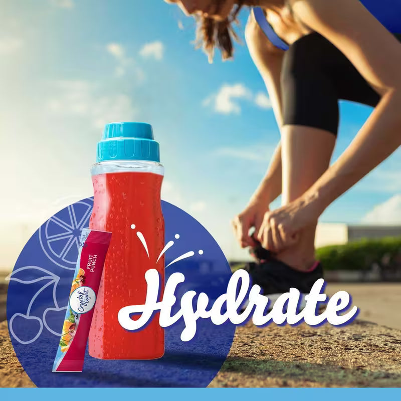 Person tying a shoe with a sports drink bottle and 'Hydrate' text overlay.