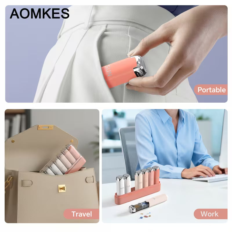 AOMKES product being used, displayed in a travel case, and on a desk.