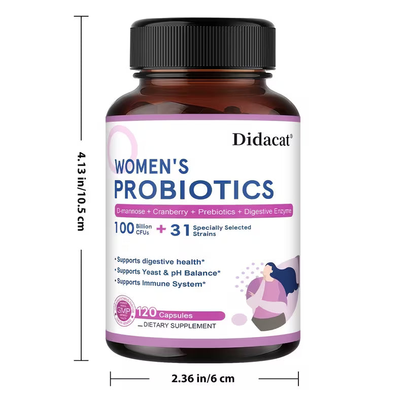 Bottle of Didacat Women's Probiotics on a white background with measurements indicated.