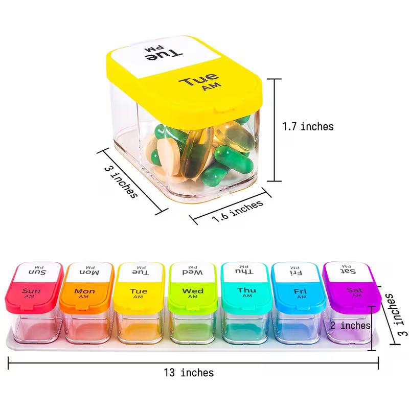 Weekly pill organizer with colorful containers labeled for each day of the week, showing dimensions.