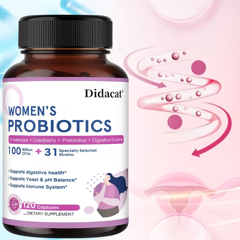Bottle of Didacat Women's Probiotics with a pink and white background