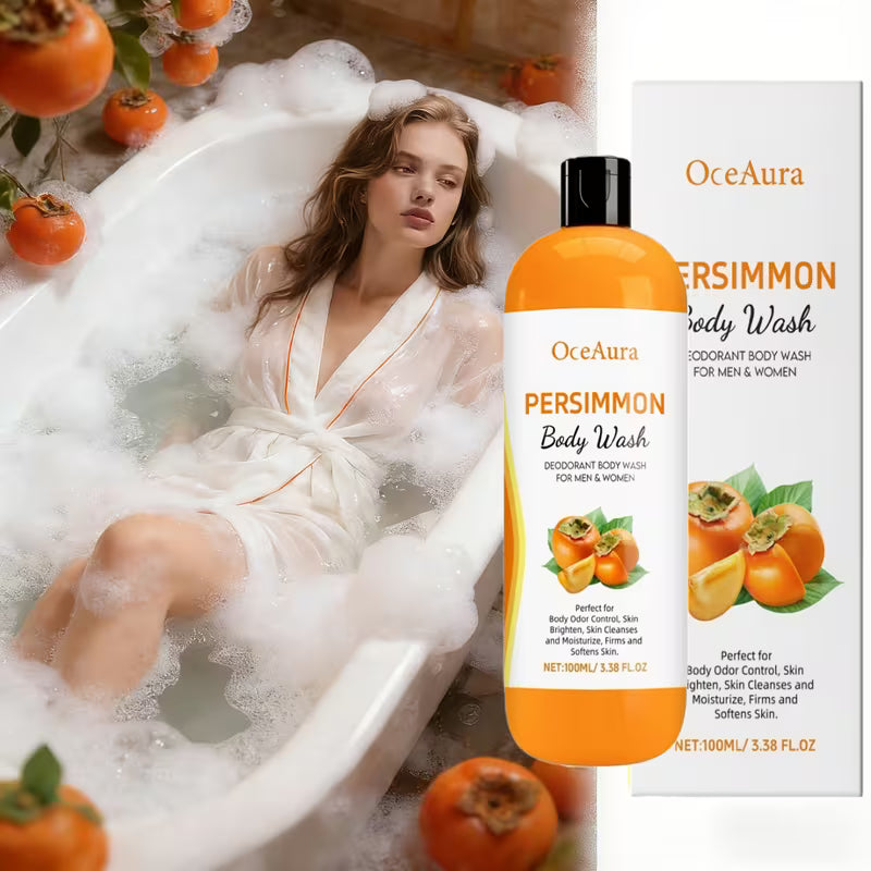 Woman in a bathtub with persimmon body wash and packaging