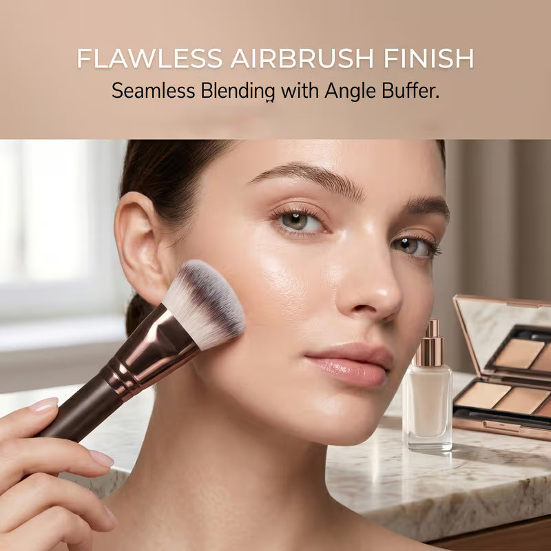 Woman applying makeup with a brush, showcasing a flawless airbrush finish.