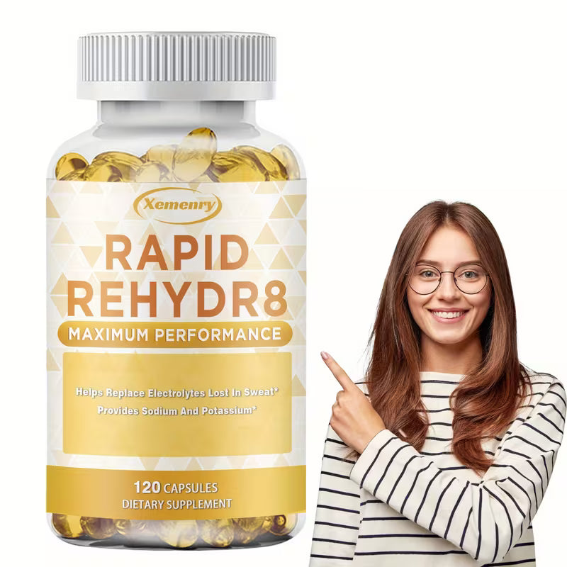 Bottle of Xemenry Rapid Rehydr8 supplement with a woman pointing to it on a white background