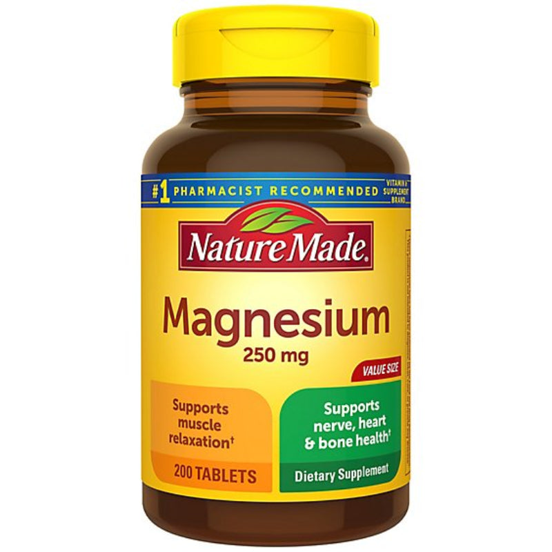 Nature Made Magnesium supplement bottle with yellow cap on a white background