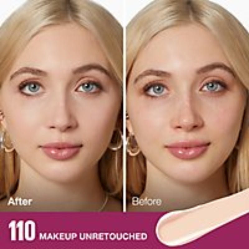 Before and after comparison of a woman's face with makeup application.